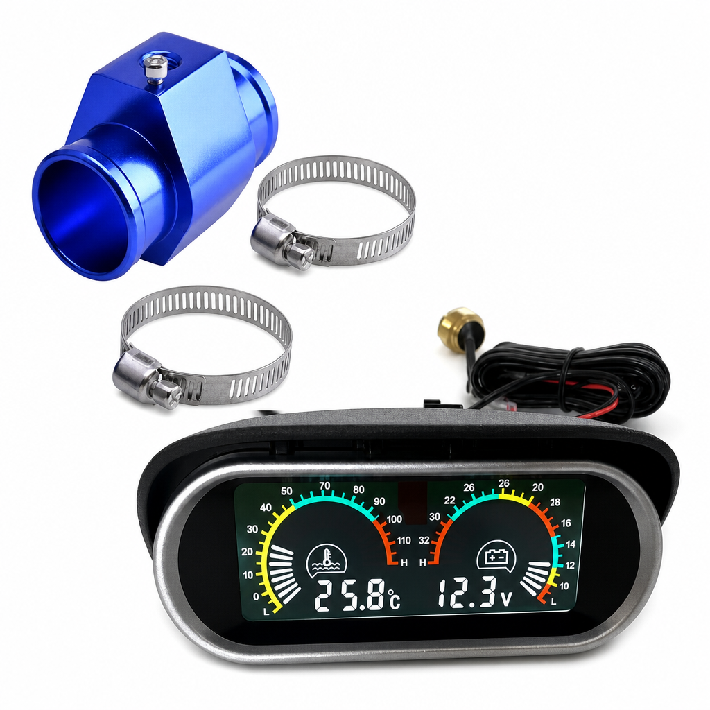 ⚡️Universal 12V 24V Horizontal LCD Electronic Water Temperature and Voltage Gauge Set with 32mm Tee Joint Adapter