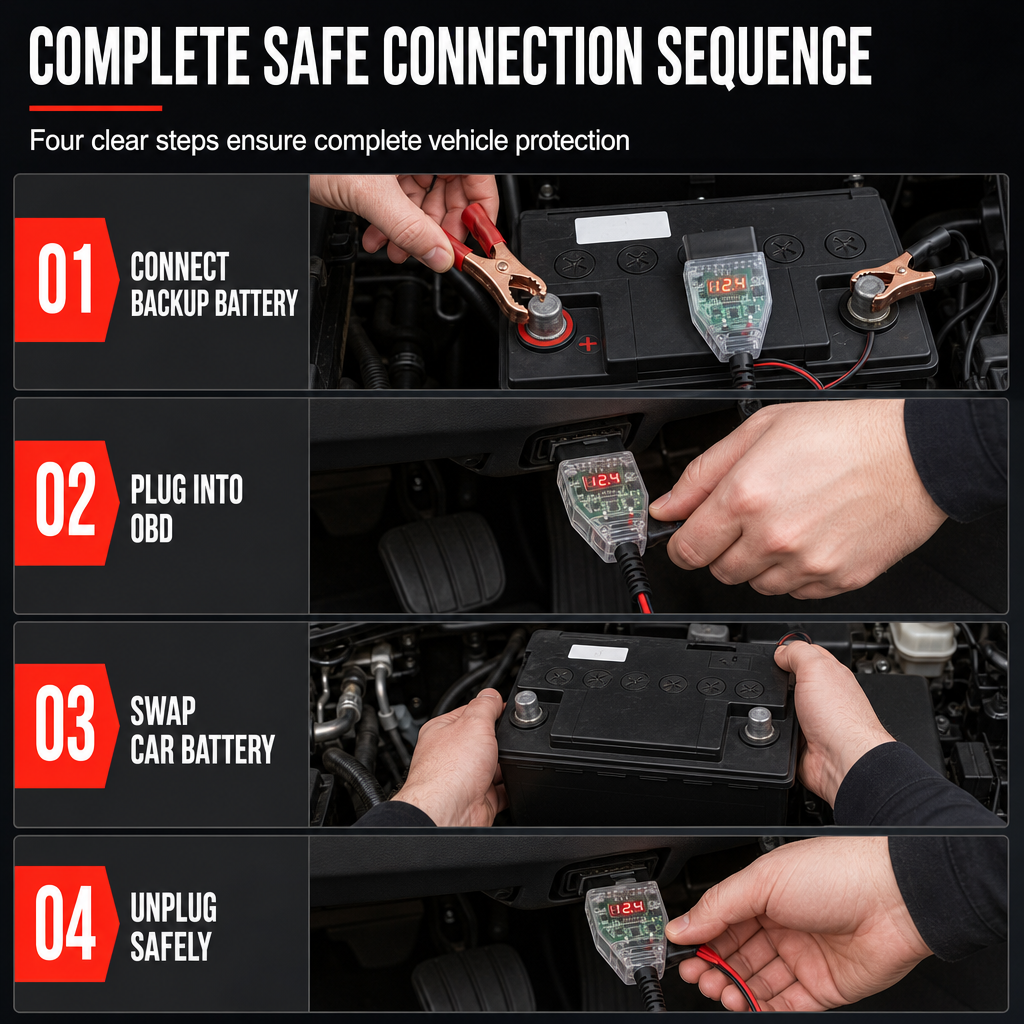 Car OBD Battery Replacement Tool and Computer Memory Saver with Digital Display Leakage Detector