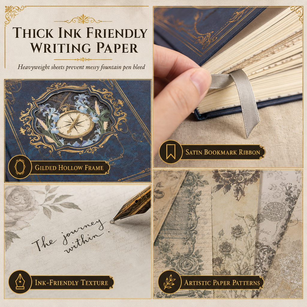 📢📢50% OFF !! ⏰Vintage European Style Hardcover Journal Notebook with Hollow Out Cover Gold Foil Accents and Color Illustrated Pages