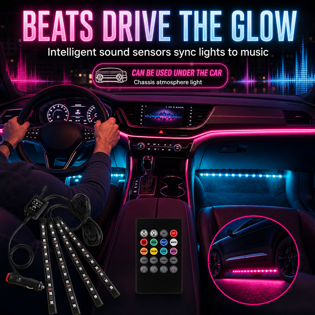 Sound Activated 12 LED Car Interior Ambient Light RGB Multicolor Footwell Decorative Lamp