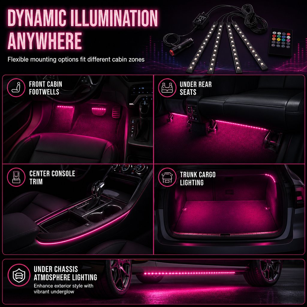 Sound Activated 12 LED Car Interior Ambient Light RGB Multicolor Footwell Decorative Lamp