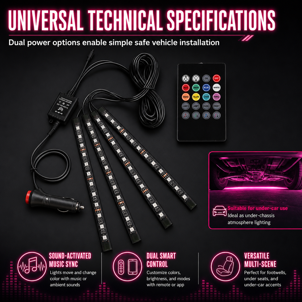 Sound Activated 12 LED Car Interior Ambient Light RGB Multicolor Footwell Decorative Lamp
