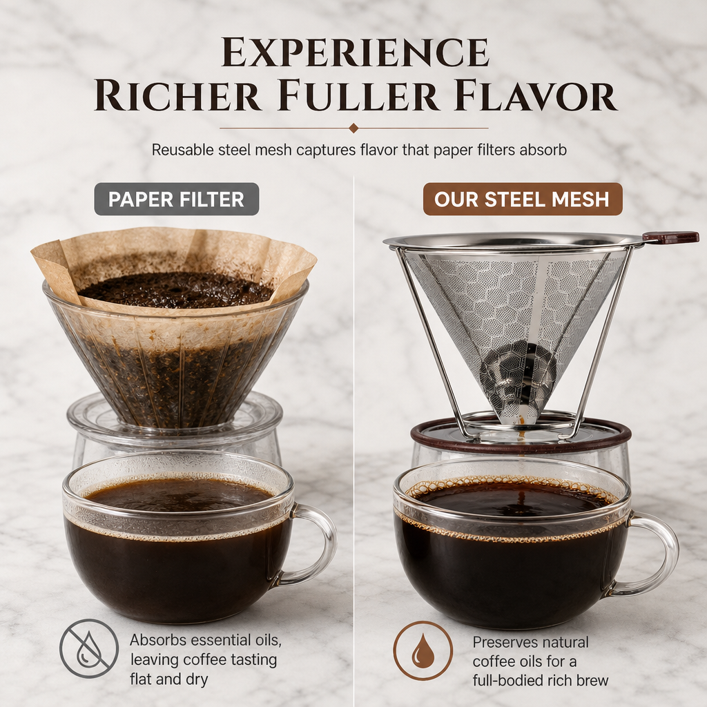 Reusable 304 Stainless Steel Double Layer Pour Over Coffee Filter Cone Drip Coffee Maker Funnel for 1 to 4 Cups