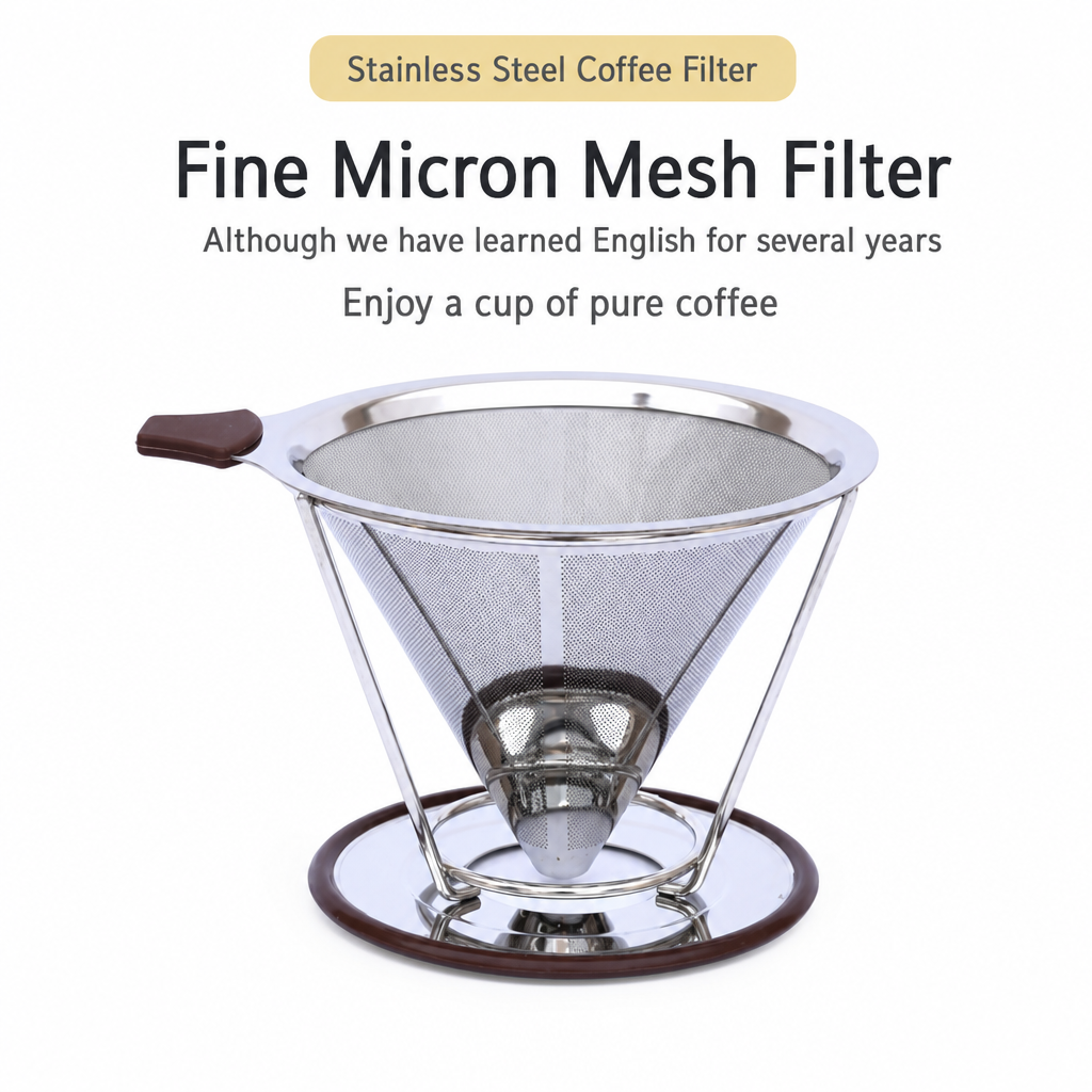 Reusable 304 Stainless Steel Double Layer Pour Over Coffee Filter Cone Drip Coffee Maker Funnel for 1 to 4 Cups