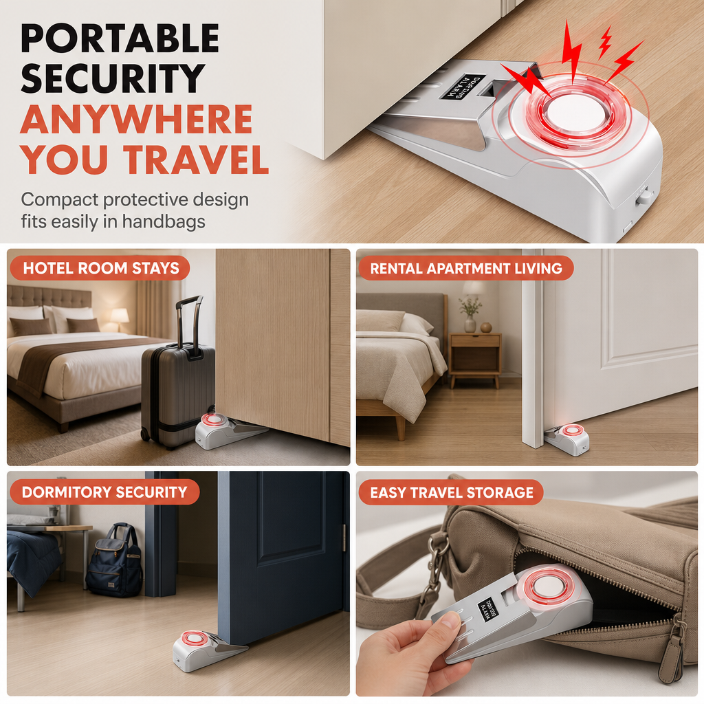 Portable Security Door Stop Alarm and Door Stopper Blocker with Siren for Home Hotel Travel and Personal Safety