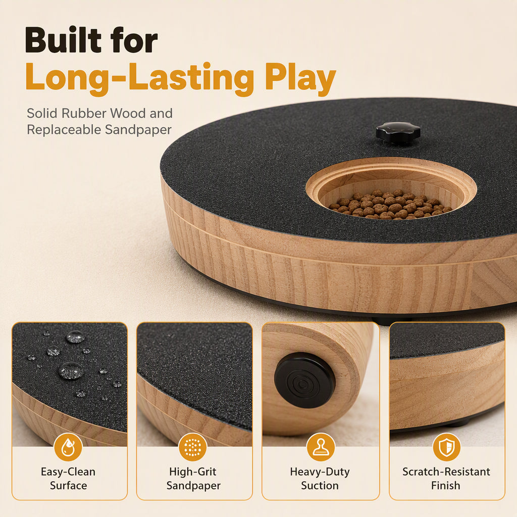 📢📢50% OFF !! ⏰Round Wooden Dog Scratching Board with Rotatable Treat Dispenser and Pet Nail File Pad