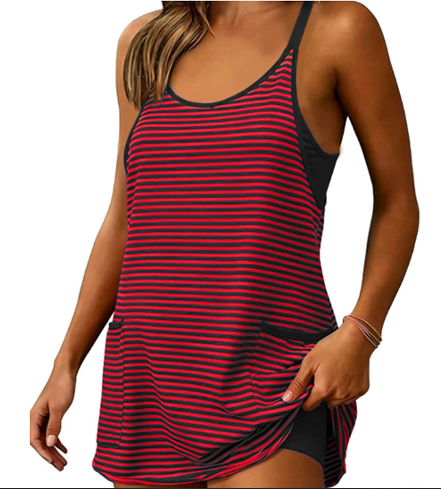 Women's Striped Tankini Dress with Pockets